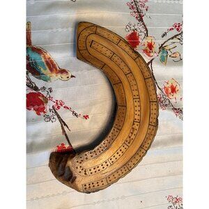Vintage Horn Hand Carved Cribbage Board 10"